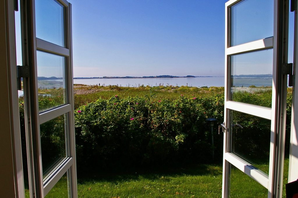 Fensterausblick auf das Weinfeld und die See bei blauen Himmel und Sonne