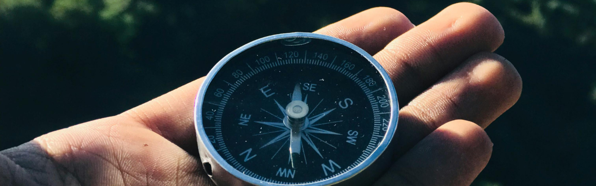 A hand holding a compass in front of a green landscape.